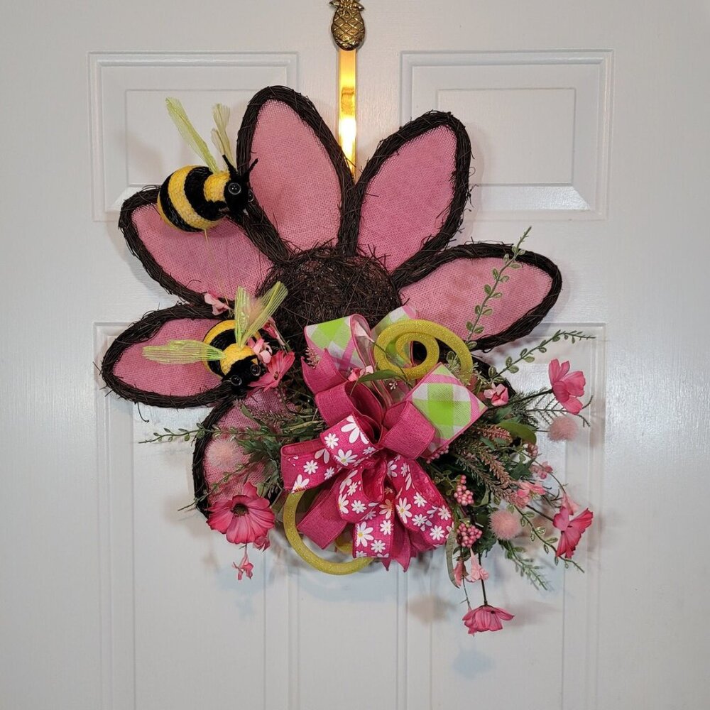 Pink Sunflower with Bees Wreath, Pink Sunflower/Bee Front Door Wreath